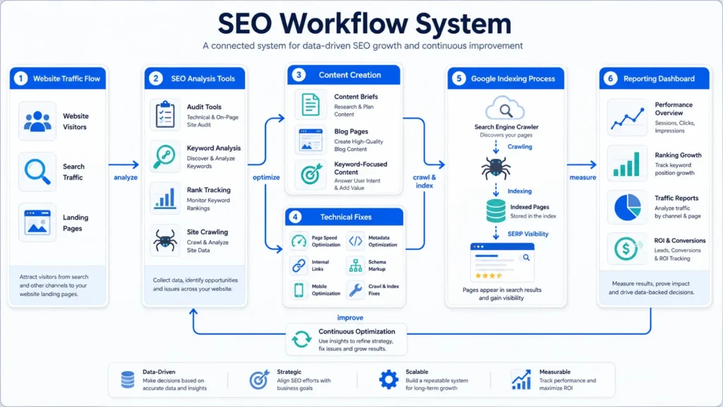 SEO workflow system diagram showing traffic flow, content creation, technical SEO, and Google indexing process
