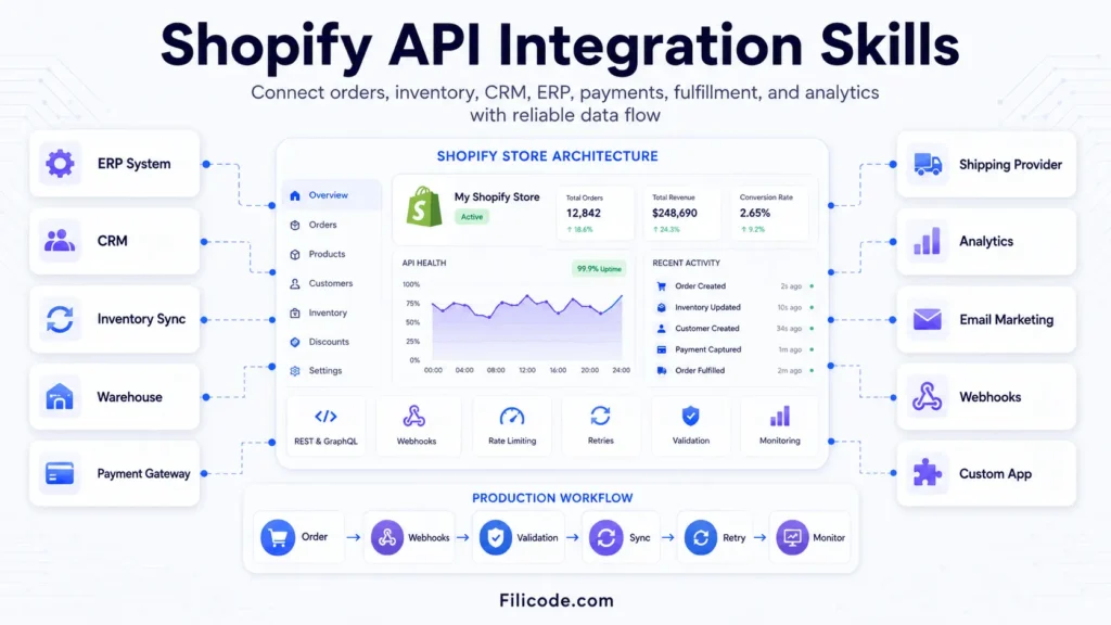 Shopify developer skills image showing API integrations, webhooks, ERP, CRM, inventory sync, payments, fulfillment, and analytics workflow