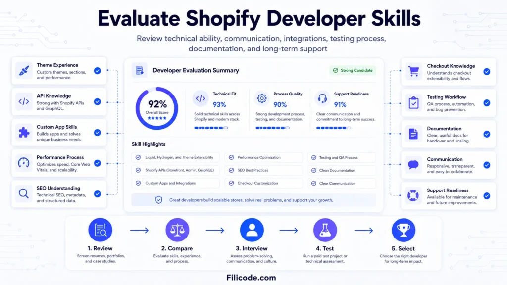 Shopify developer skills evaluation checklist showing theme experience, API knowledge, performance process, testing workflow, documentation, and support readiness