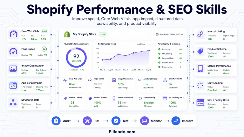 Shopify developer skills dashboard for performance optimization, Core Web Vitals, SEO structure, app impact, schema, and mobile speed