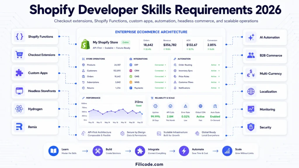 Shopify developer skills requirements 2026 showing checkout extensions, Shopify Functions, custom apps, automation, headless commerce, and B2B ecommerce
