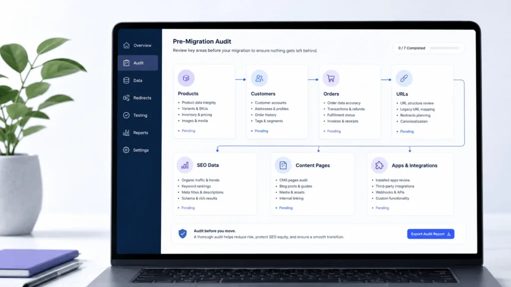 Ecommerce store audit visual showing products, customers, orders, URLs, SEO data, and integrations before migration