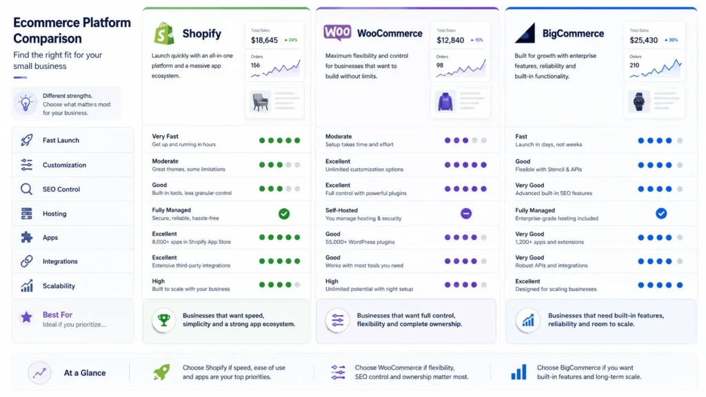 Shopify WooCommerce and BigCommerce comparison for small business ecommerce platform selection