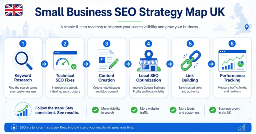 Small business SEO strategy roadmap showing keyword research, technical SEO, content creation, and local SEO optimization steps