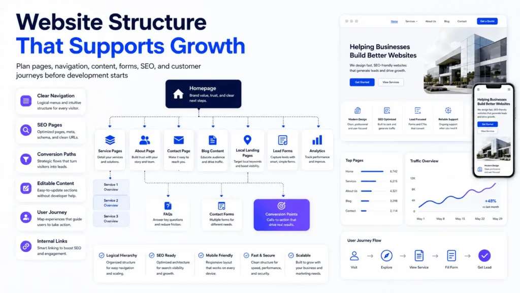 Small business website design architecture showing sitemap, service pages, lead forms, SEO pages, and customer journey planning.