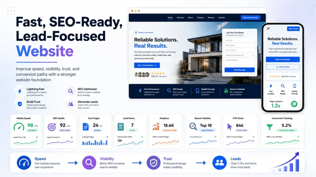 Small business website design performance dashboard showing SEO health, mobile speed, lead forms, analytics, and conversion tracking.