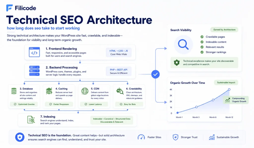 Technical SEO architecture showing crawlability indexing caching and how long does seo take to start working