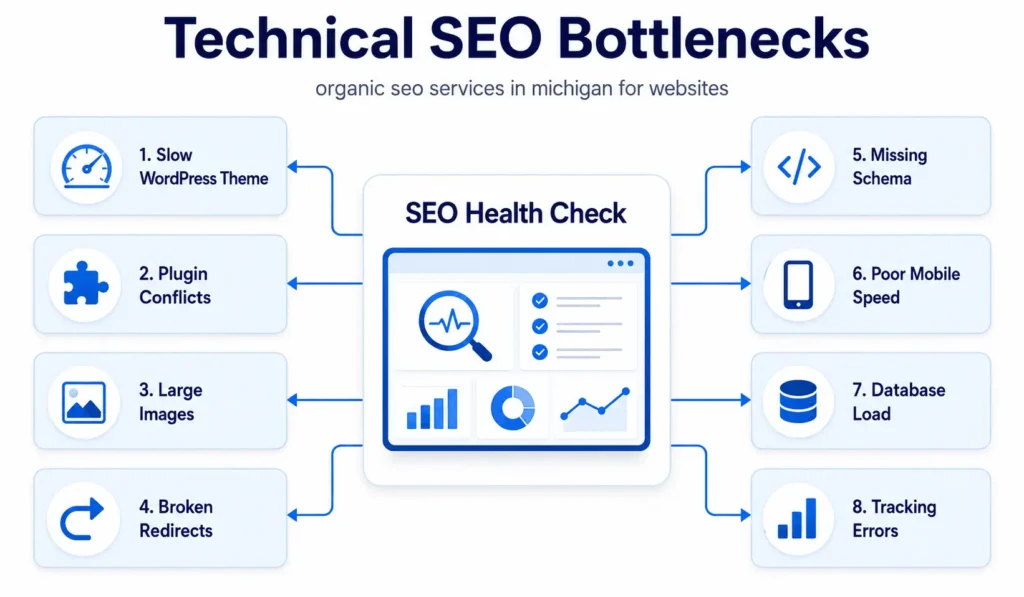 Technical SEO bottlenecks for Michigan websites showing slow WordPress themes, plugin conflicts, large images, redirects, schema, and tracking errors