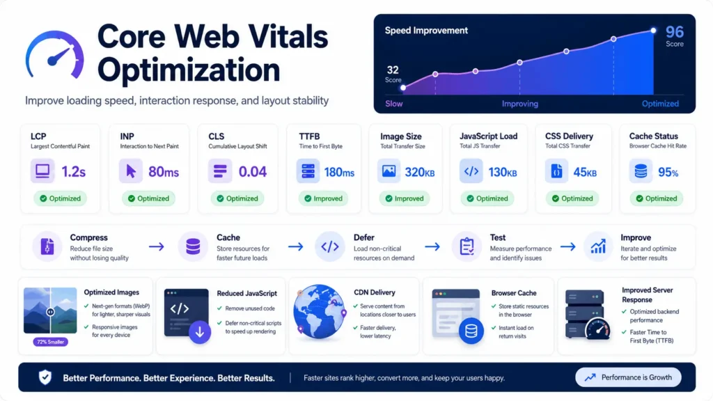 Technical SEO checklist Core Web Vitals dashboard showing LCP, INP, CLS, TTFB, caching, image optimization, and JavaScript improvements