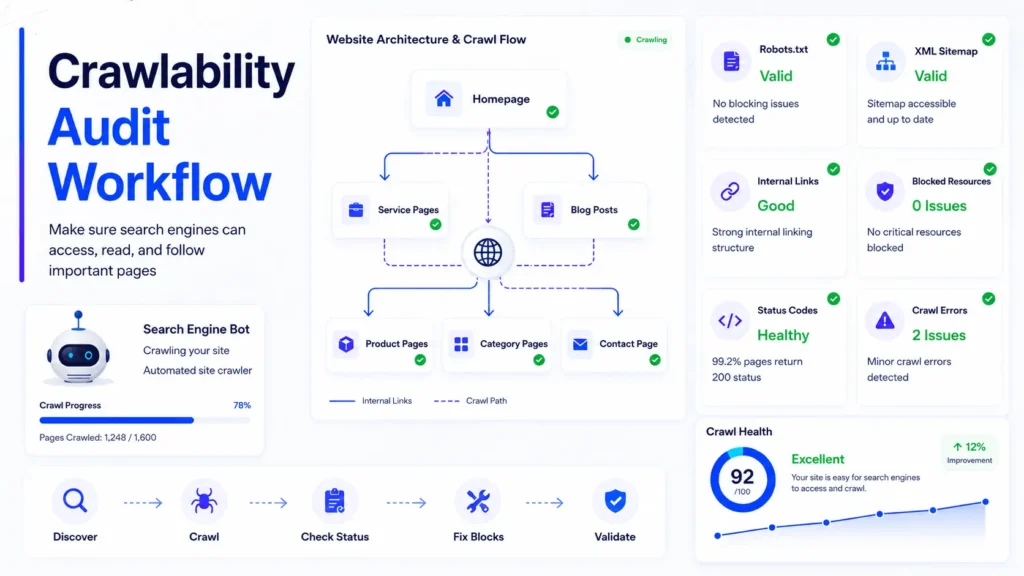Technical SEO checklist crawlability audit showing robots.txt, XML sitemap, internal links, blocked resources, and crawl errors
