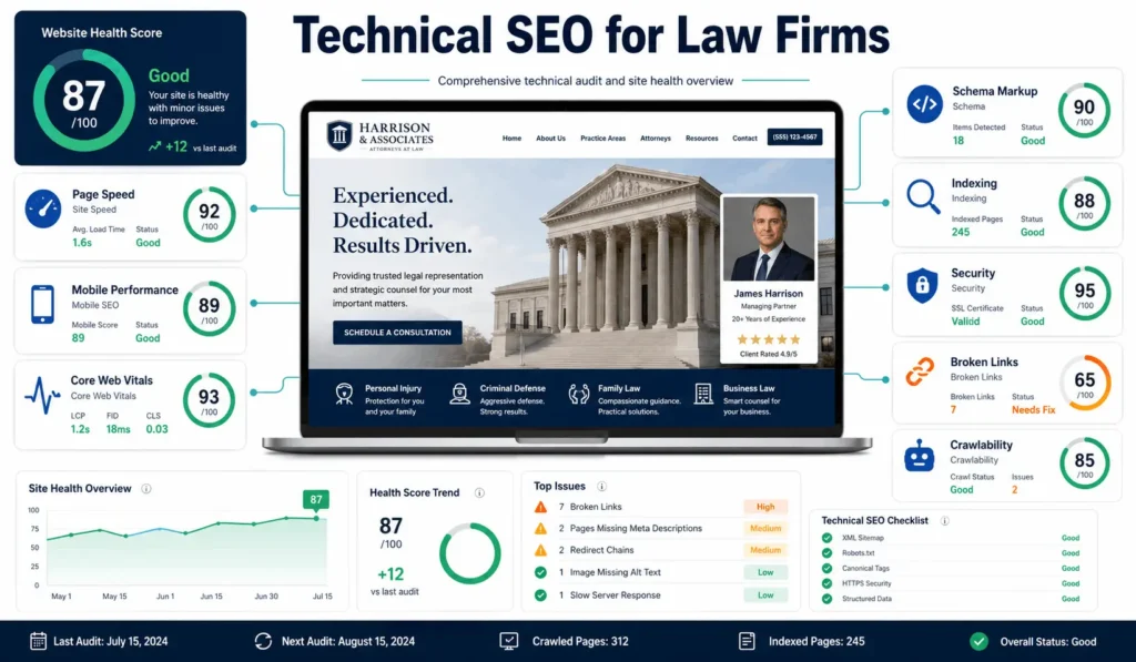 Technical SEO for law firms dashboard showing site speed, mobile SEO, schema, indexing, security, and crawlability