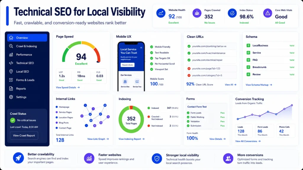 Technical SEO dashboard for local small business website showing page speed, mobile UX, schema, internal links, indexing, forms, and conversion tracking