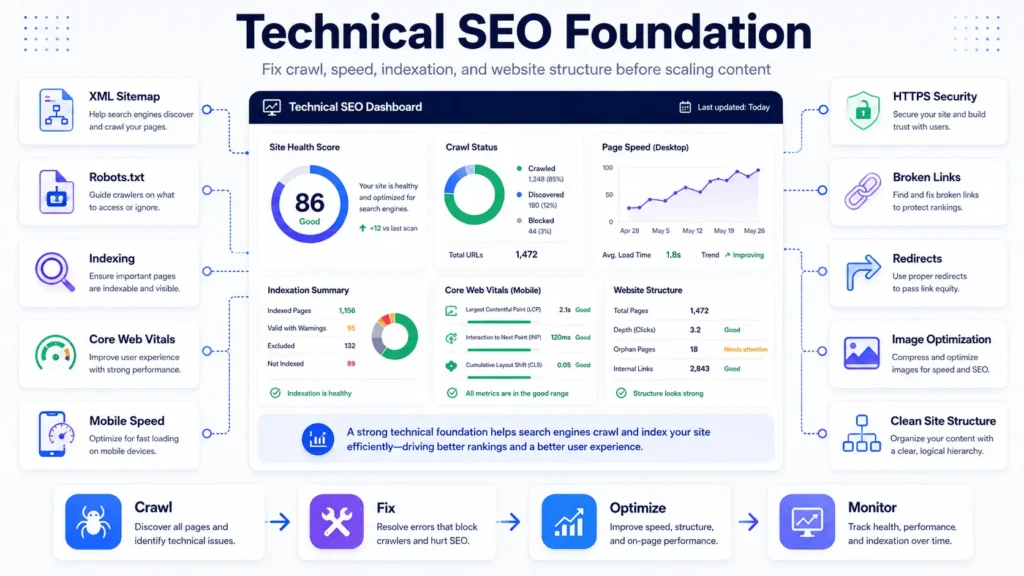 Technical SEO foundation checklist for small business SEO showing indexing, Core Web Vitals, mobile speed, sitemap, redirects, and crawl fixes