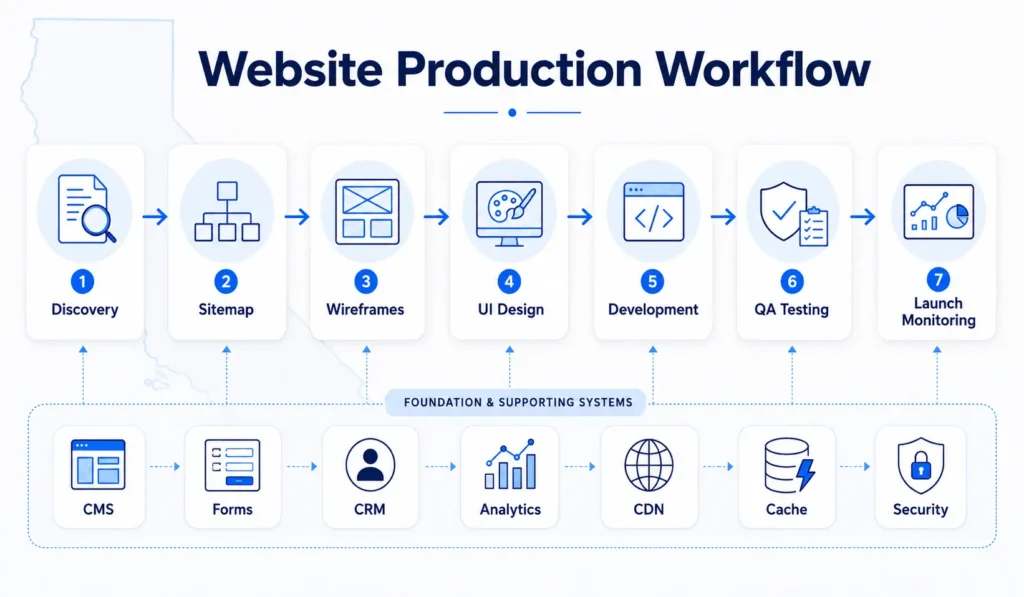 Web design services in California production workflow showing discovery, sitemap, wireframes, UI design, development, QA testing, and launch monitoring