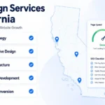 Web design services in California infographic showing UX strategy, responsive design, SEO structure, CMS development, and lead conversion workflow