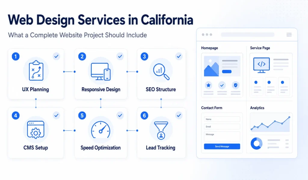 Web design services in California infographic showing UX planning, responsive design, SEO structure, CMS setup, speed optimization, and lead tracking
