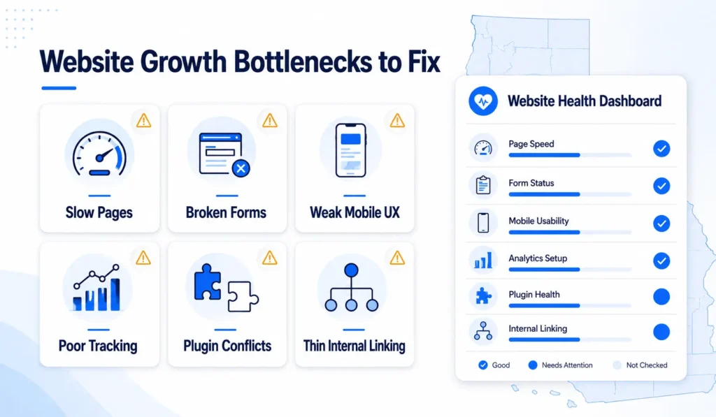 Web design services in California infographic showing common website growth bottlenecks including slow pages, broken forms, poor tracking, and weak mobile UX