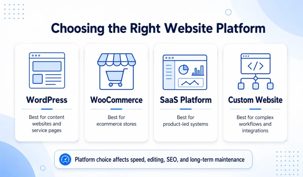 Website platform comparison for web design services in California showing WordPress, WooCommerce, SaaS, and custom website options