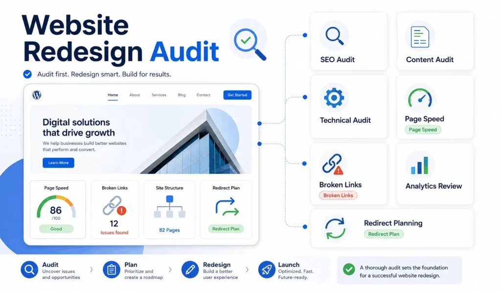 Website redesign checklist audit workflow with SEO audit, content audit, page speed, broken links, and redirect planning