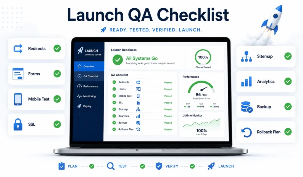 Website redesign checklist launch QA dashboard with redirects, forms, mobile testing, SSL, sitemap, analytics, backup, and rollback plan
