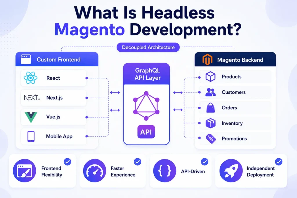 Headless Magento development architecture showing frontend and backend separation connected through APIs.