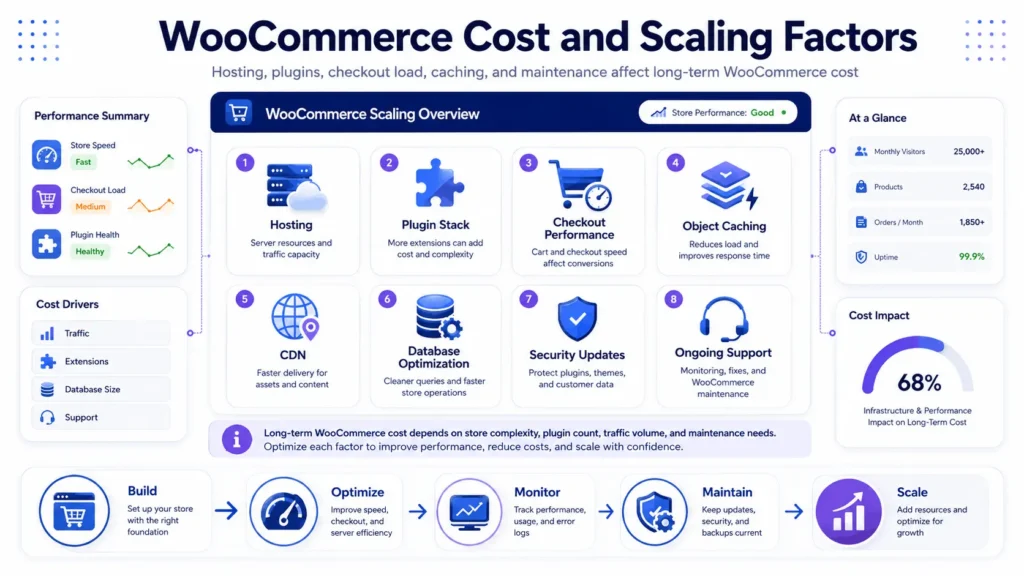 WooCommerce ecommerce website development cost factors including hosting plugins performance caching and support