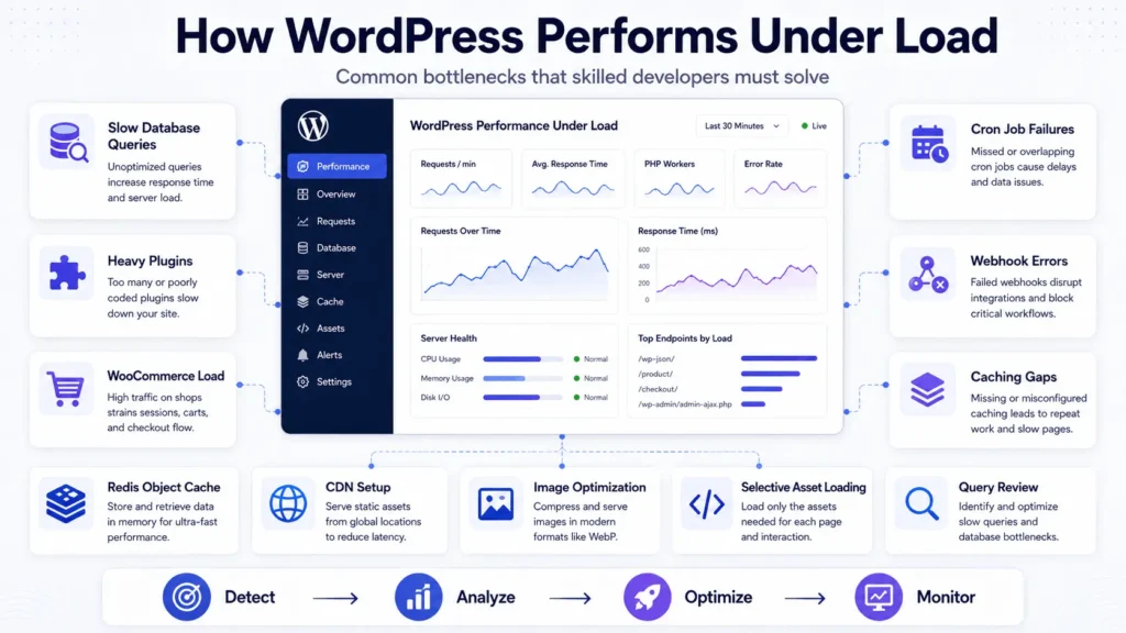 WordPress developer skills for handling production load, caching, WooCommerce performance, and database optimization