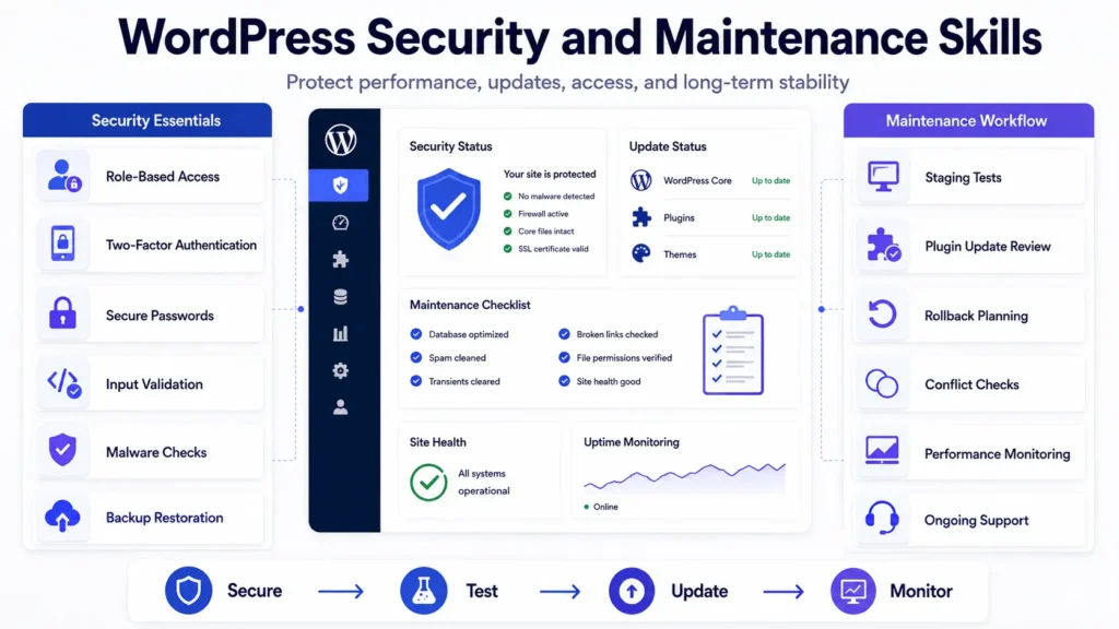 WordPress developer skills for website security, plugin updates, backups, access control, and maintenance workflows
