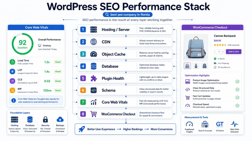 WordPress SEO performance stack for best seo company in florida with cache CDN schema plugins and WooCommerce checkout