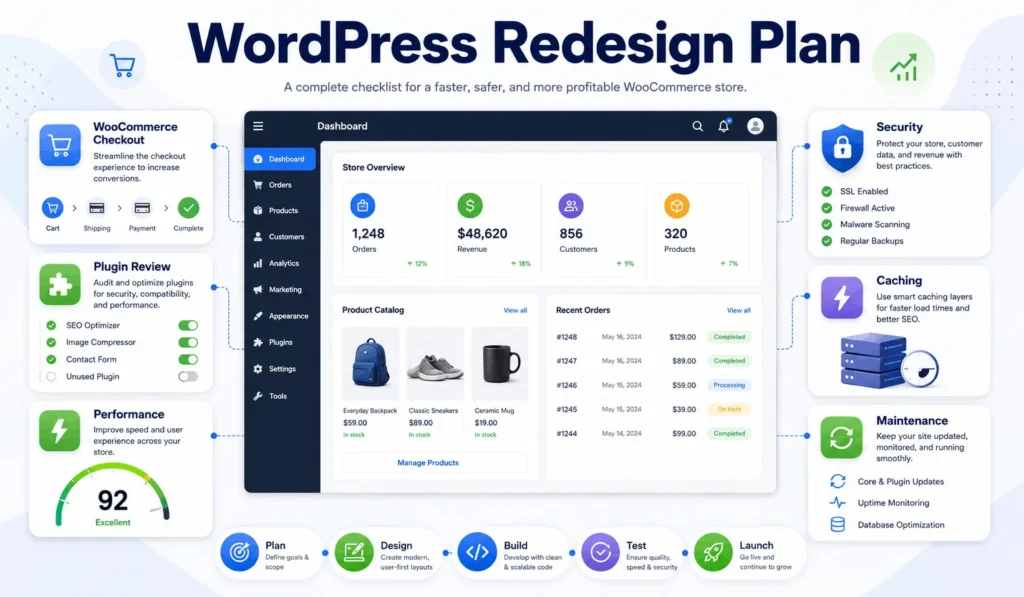 WordPress and WooCommerce website redesign checklist with checkout planning, plugin review, performance, security, caching, and maintenance