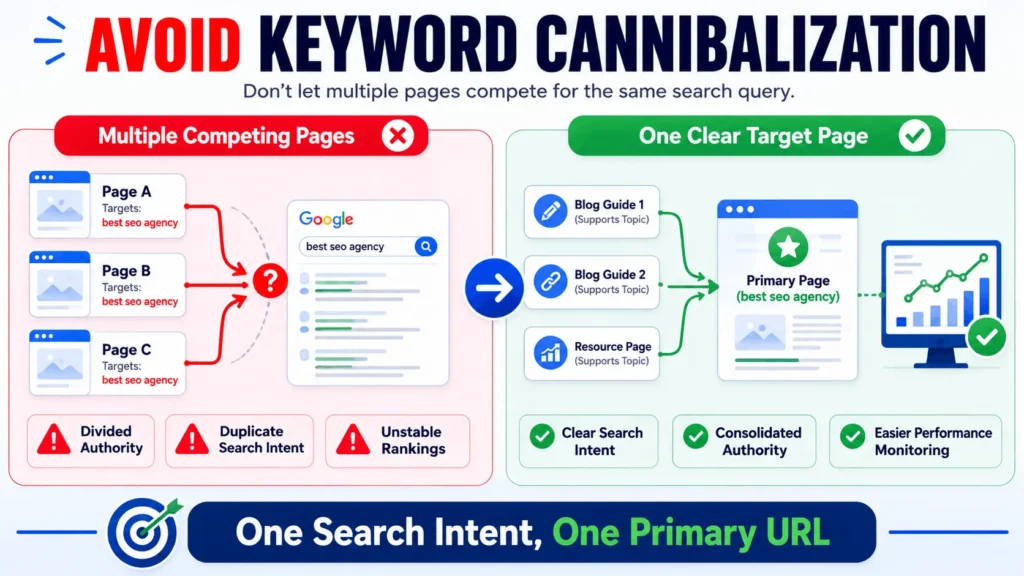 Keyword cannibalization infographic comparing multiple competing pages with one clear primary SEO target page