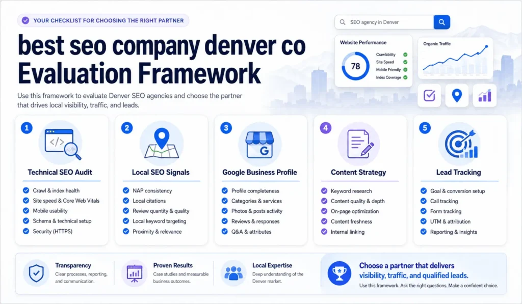 best seo company denver co evaluation framework with technical SEO, local SEO, Google Business Profile, content strategy, and lead tracking