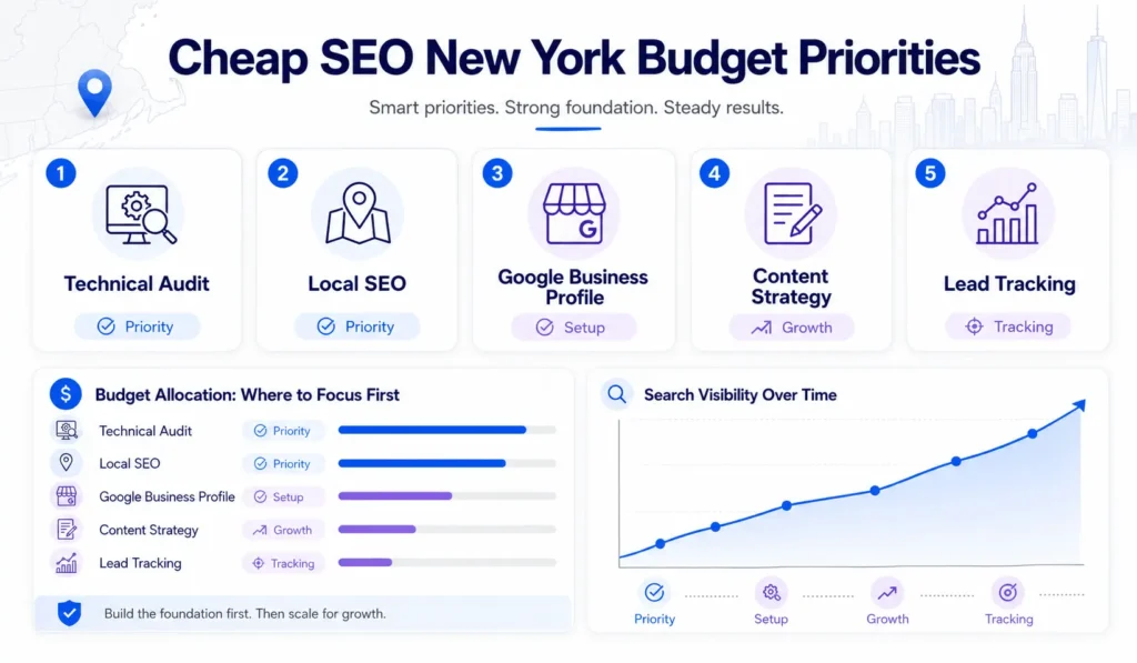 Cheap SEO New York infographic showing budget priorities for technical audit, local SEO, Google Business Profile, content strategy, and lead tracking.