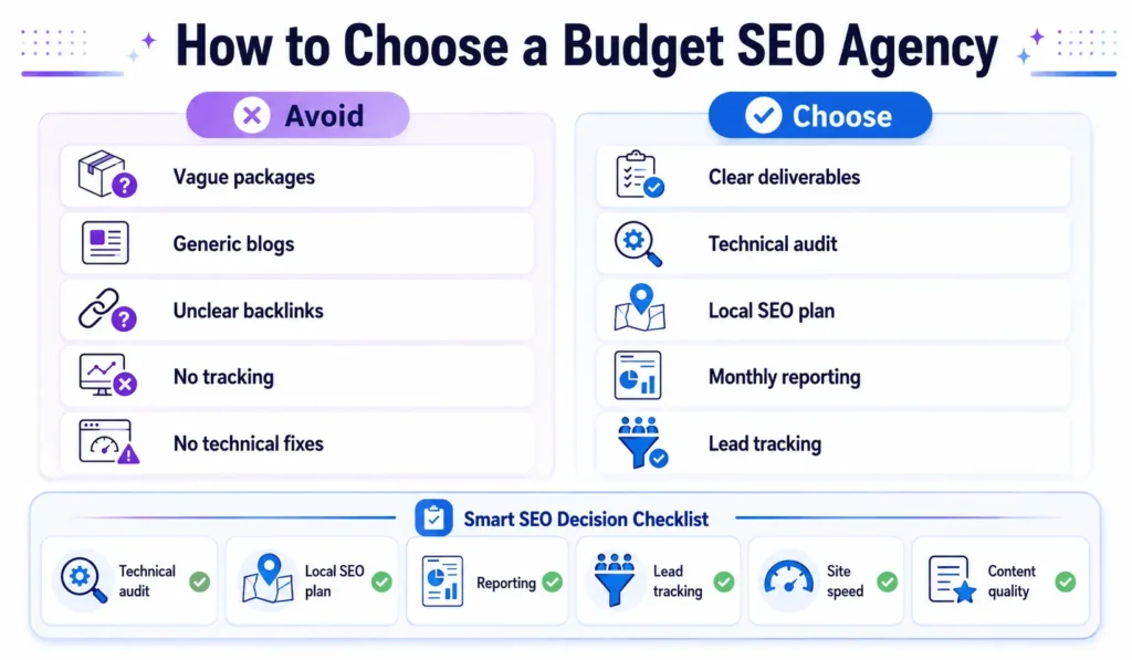 Cheap SEO New York comparison infographic showing what to avoid and what to choose when hiring a budget SEO agency in New York.