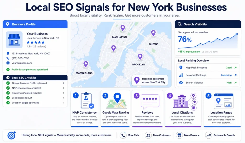 Cheap SEO New York local SEO infographic showing NAP consistency, Google Maps ranking, reviews, local citations, and location pages for New York businesses.