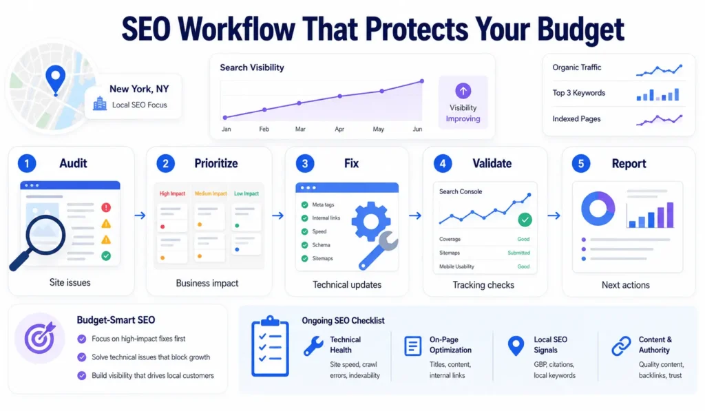 Cheap SEO New York workflow infographic showing audit, prioritize, fix, validate, and report steps for affordable SEO management.