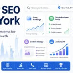 Cheap SEO New York feature image showing affordable SEO systems for small business growth with local rankings, Google Business Profile, technical SEO, content strategy, and lead growth dashboard cards.