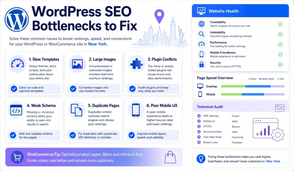 Cheap SEO New York technical infographic showing WordPress SEO bottlenecks including slow templates, large images, plugin conflicts, weak schema, duplicate pages, and poor mobile UX.