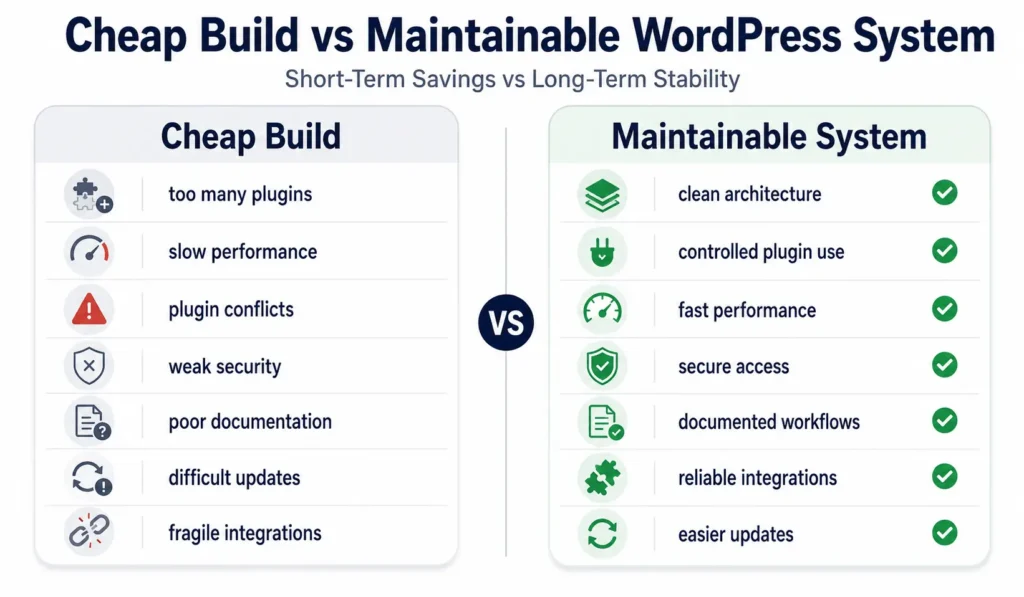 Comparison of cheap WordPress build versus maintainable WordPress system with performance, security, and integration differences