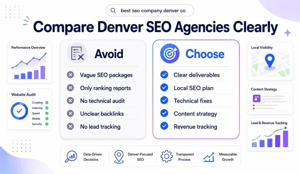comparison guide for choosing the best seo company denver co with avoid and choose SEO agency checklist