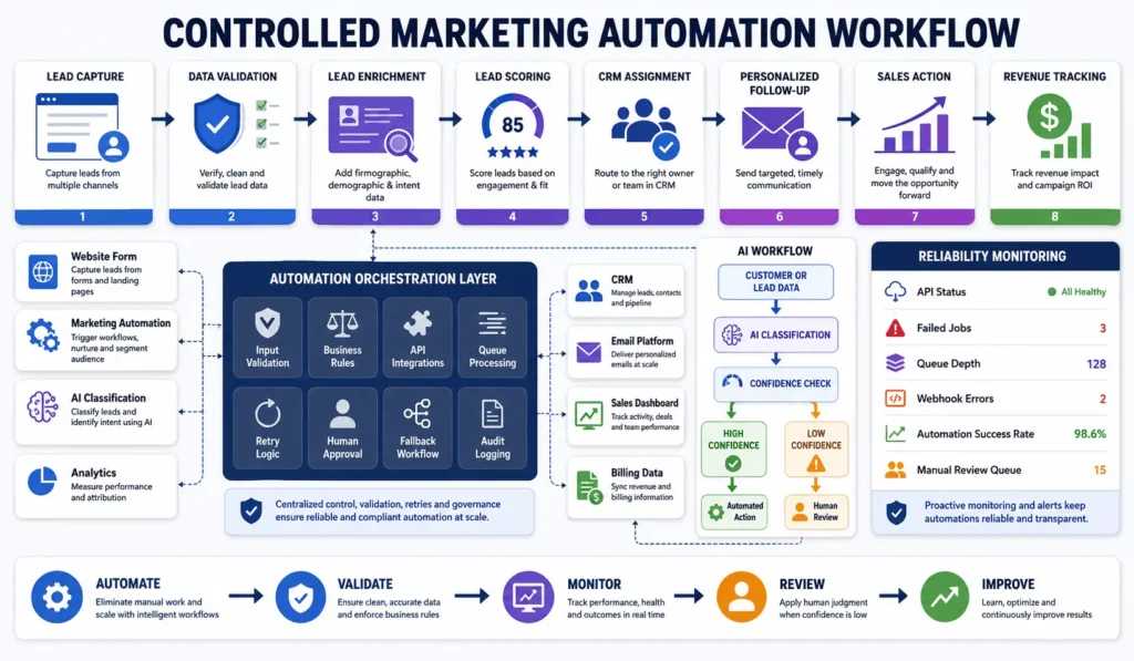 Marketing automation workflow connecting lead capture, validation, AI classification, CRM assignment, human review, and revenue tracking