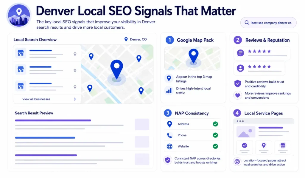 Denver local SEO signals for best seo company denver co including Google Map Pack, reviews, NAP consistency, and local service pages