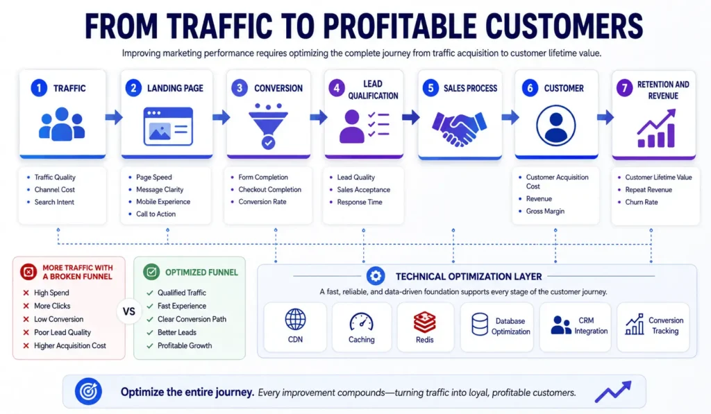 Digital marketing conversion funnel showing traffic, landing pages, lead qualification, customer acquisition cost, revenue, and customer lifetime value