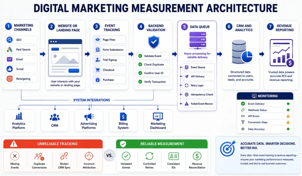 Digital marketing measurement architecture connecting campaign channels, conversion tracking, backend validation, CRM data, and revenue reporting