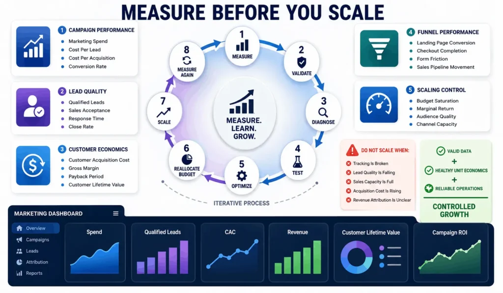 Digital marketing ROI optimization framework showing measurement, testing, customer economics, budget allocation, and controlled campaign scaling