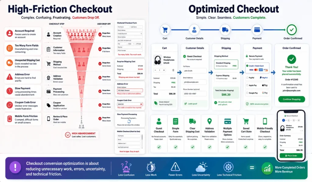 Ecommerce checkout optimization comparison showing high-friction checkout problems and an optimized guest checkout and payment flow