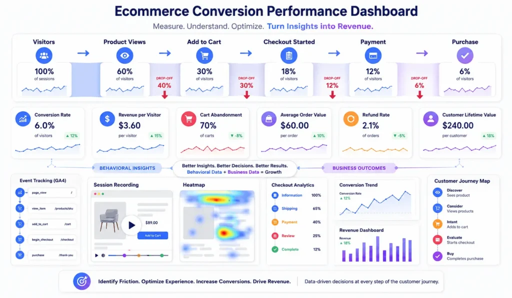 Ecommerce conversion rate optimization dashboard showing conversion funnel, cart abandonment, revenue per visitor, AOV, and customer lifetime value