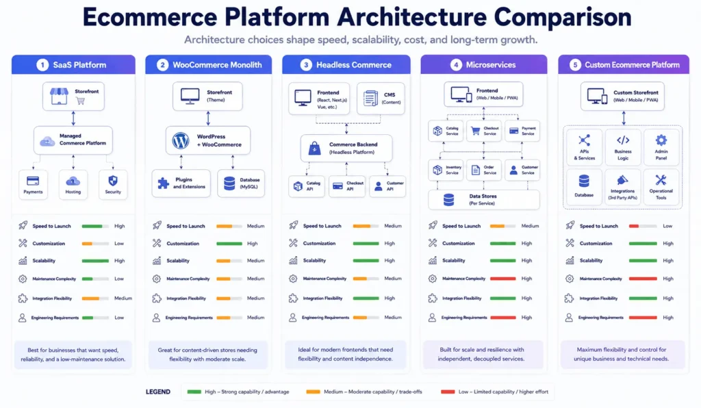 Ecommerce architecture comparison of SaaS, WooCommerce monolith, headless commerce, microservices, and custom ecommerce platforms