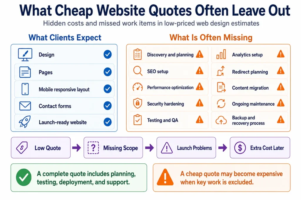 Hidden costs in cheap web design quotes infographic showing what low website estimates often leave out.