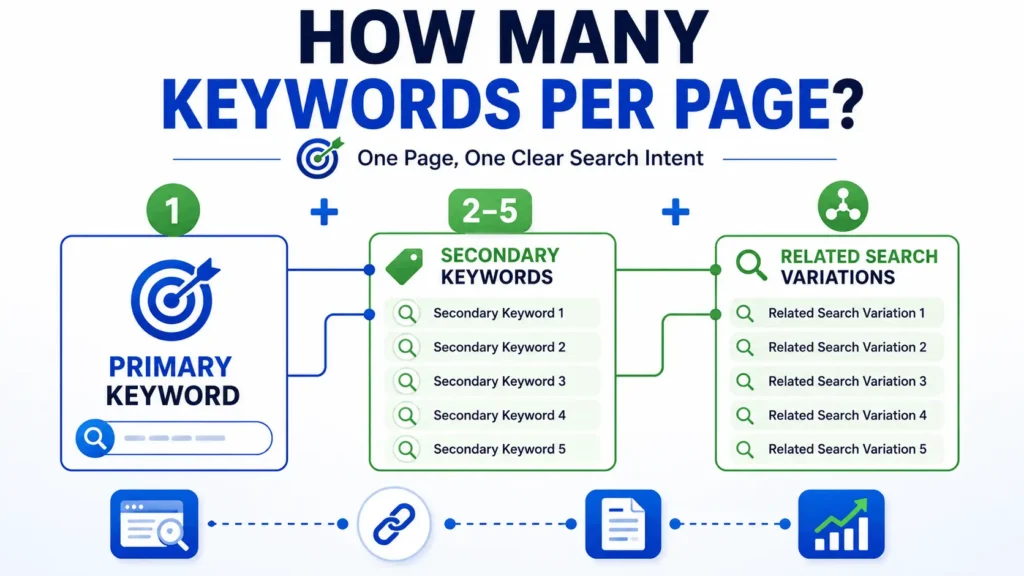 How many keywords for SEO per page infographic showing one primary keyword, two to five secondary keywords, and related variations